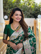 Vedant Vastram Soft Litchi Silk Banarasi Silk Jacquard Saree - Green