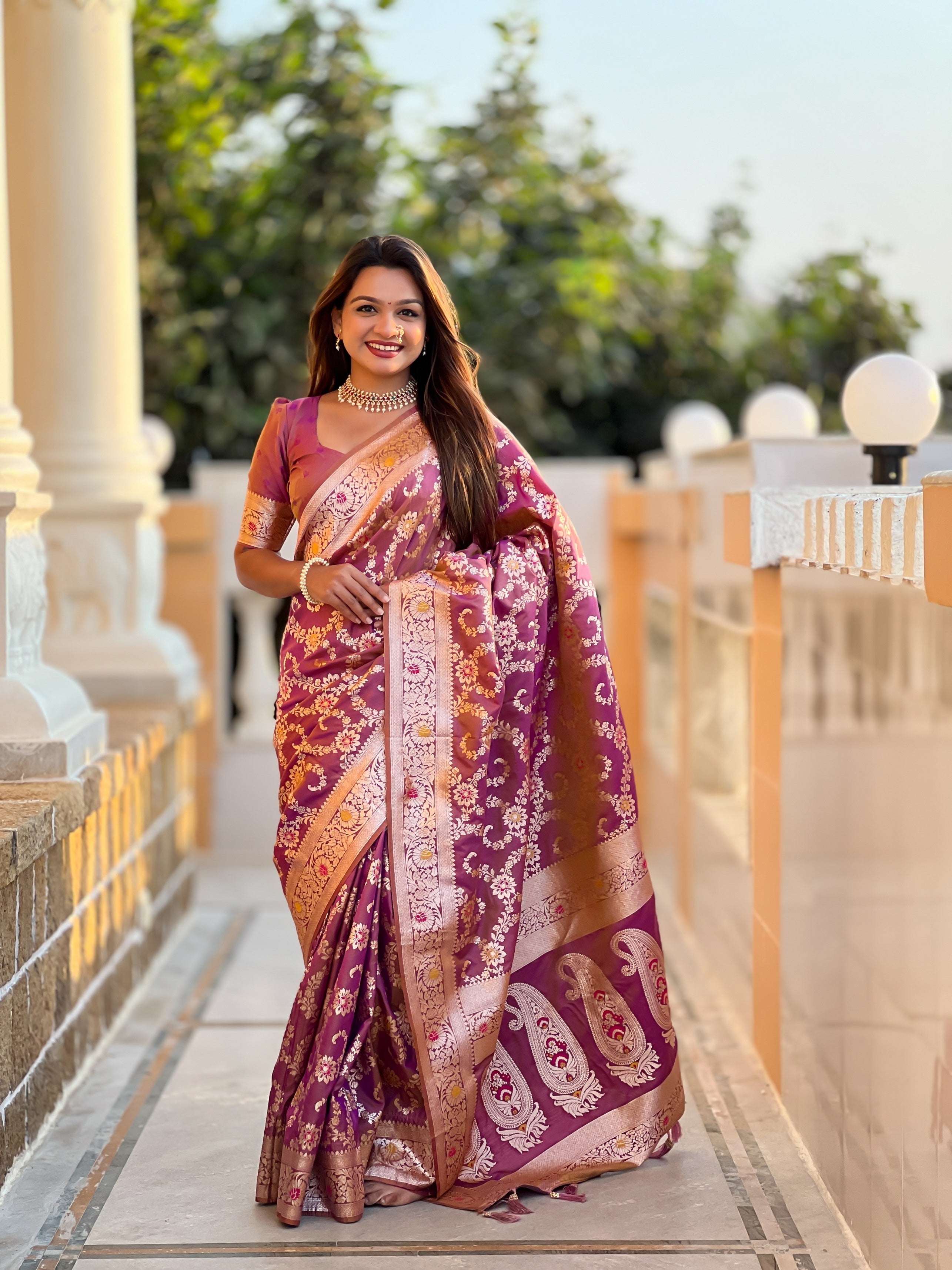 Vedant Vastram Soft Litchi Silk Banarasi Silk Jacquard Saree - Purple