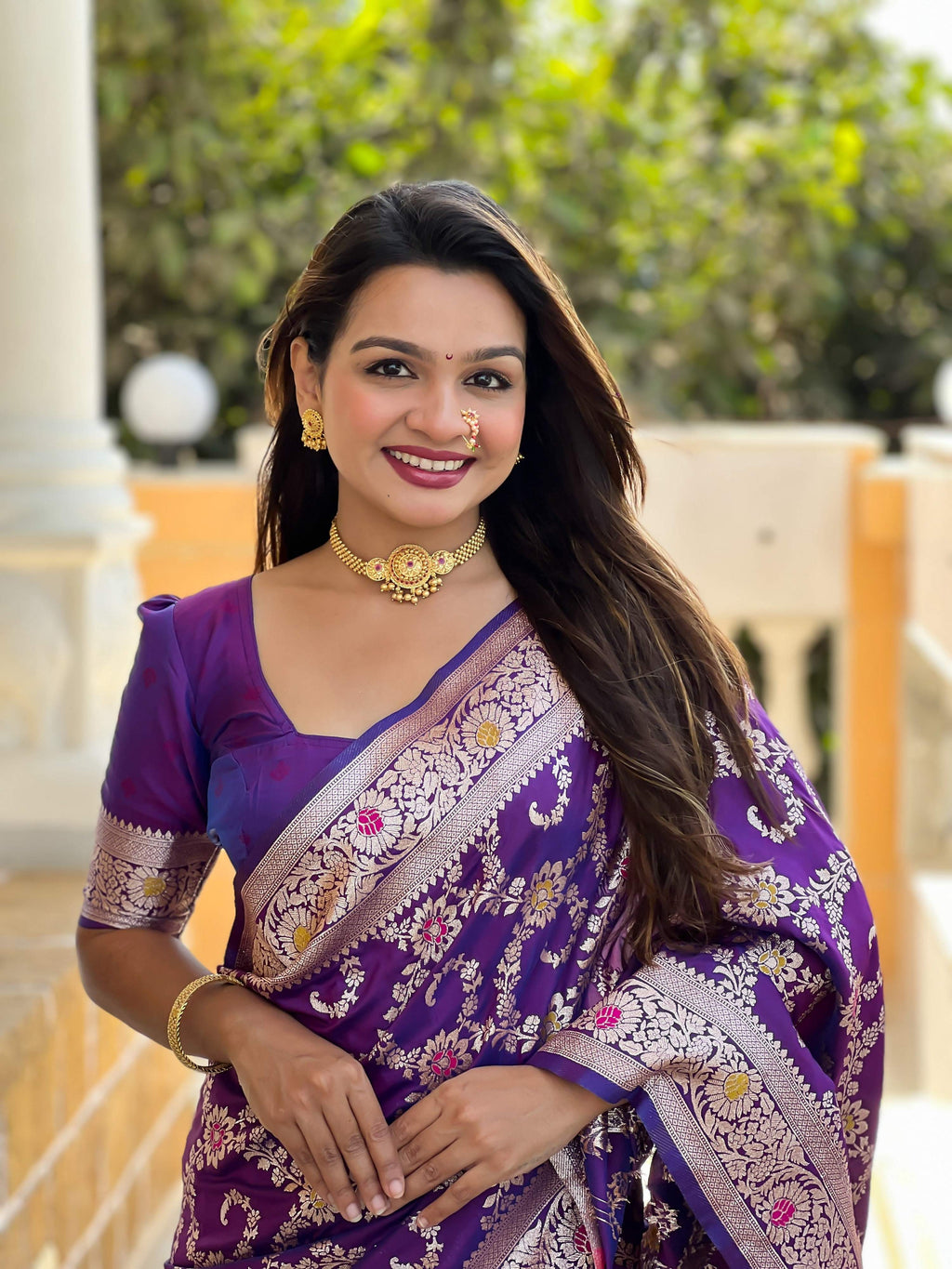 Vedant Vastram Soft Litchi Silk Banarasi Silk Jacquard Saree - Violet