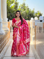 Vedant Vastram Soft Litchi Silk Banarasi Silk Jacquard Saree - Rani