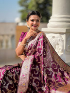 Vedant Vastram Soft Litchi Silk Banarasi Silk Jacquard Saree - Wine