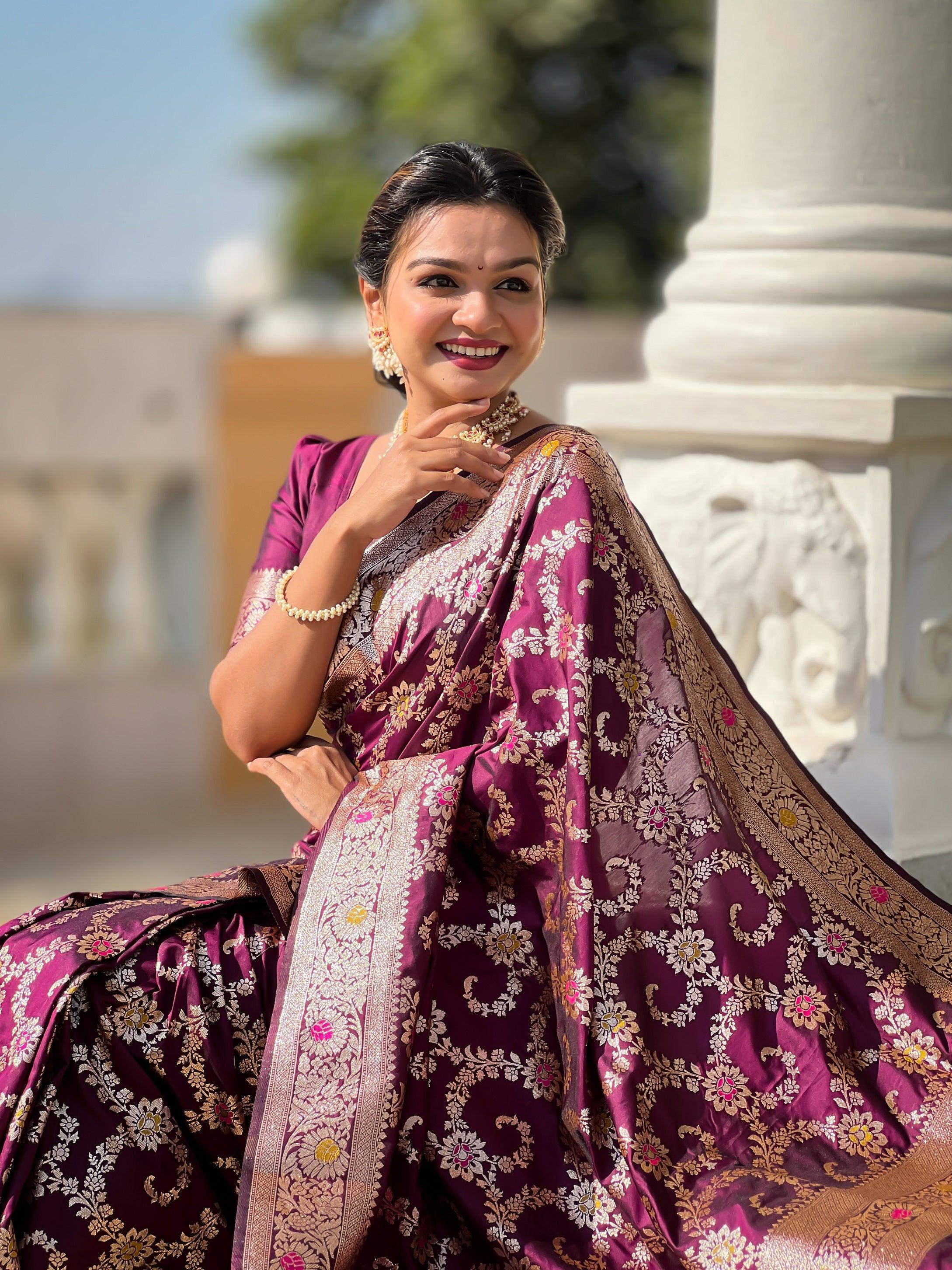 Vedant Vastram Soft Litchi Silk Banarasi Silk Jacquard Saree - Wine