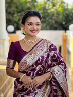 Vedant Vastram Soft Litchi Silk Banarasi Silk Jacquard Saree - Wine