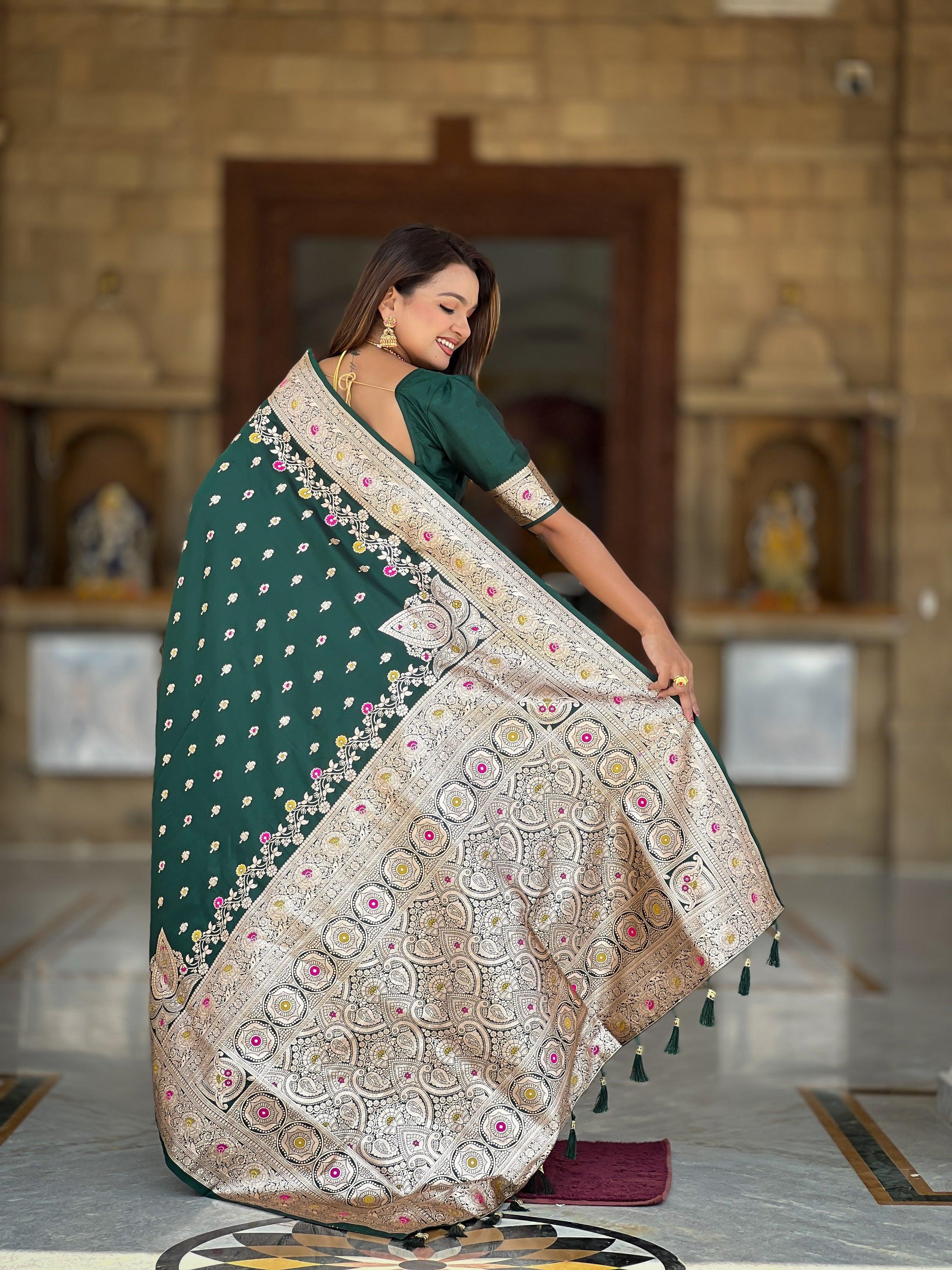 Vedant Vastram Soft Litchi Silk Banarasi Silk Jacquard Saree - Green
