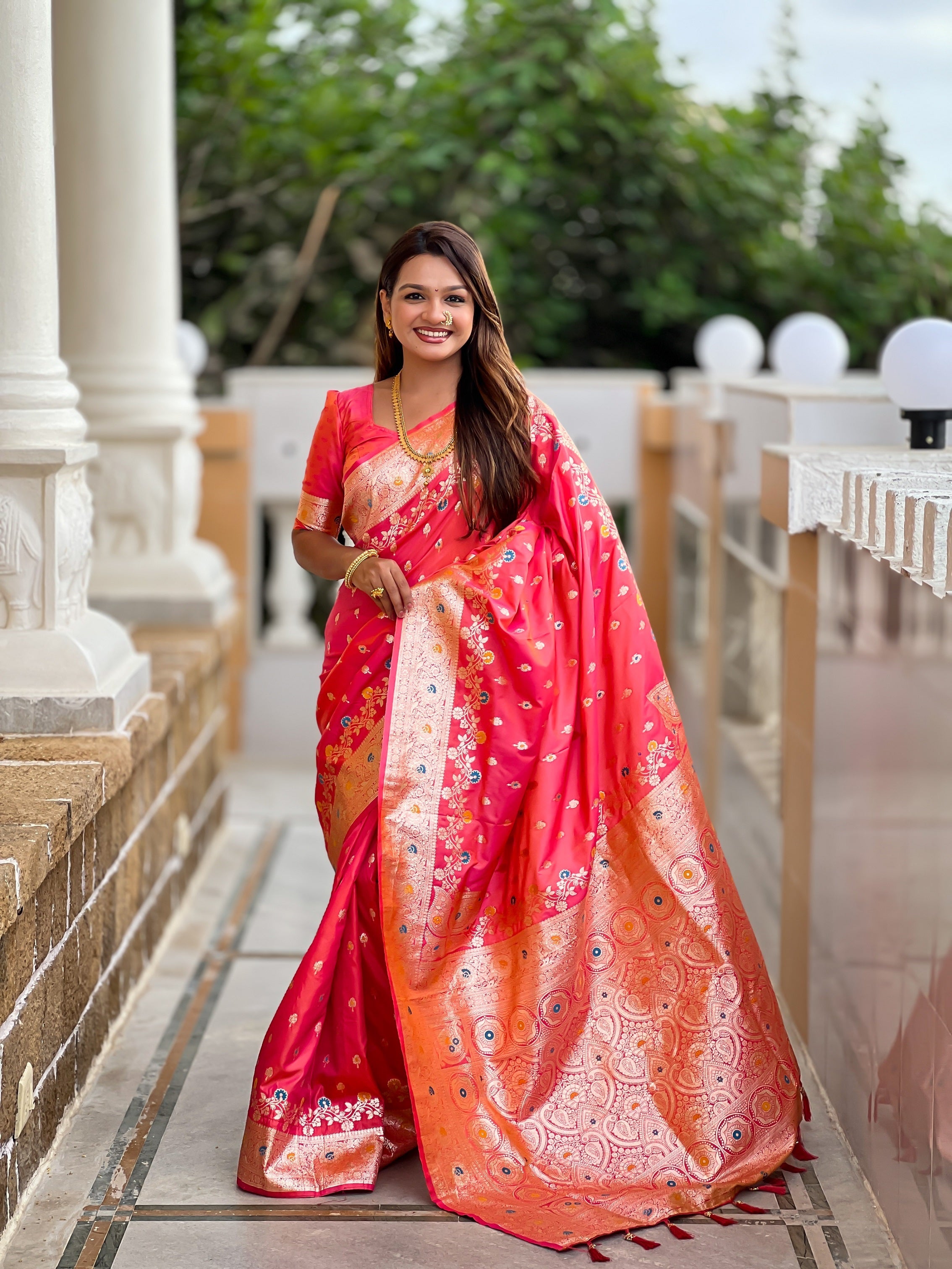 Vedant Vastram Soft Litchi Silk Banarasi Silk Jacquard Saree - Gajri