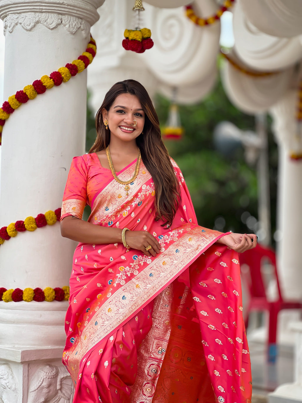 Vedant Vastram Soft Litchi Silk Banarasi Silk Jacquard Saree - Gajri