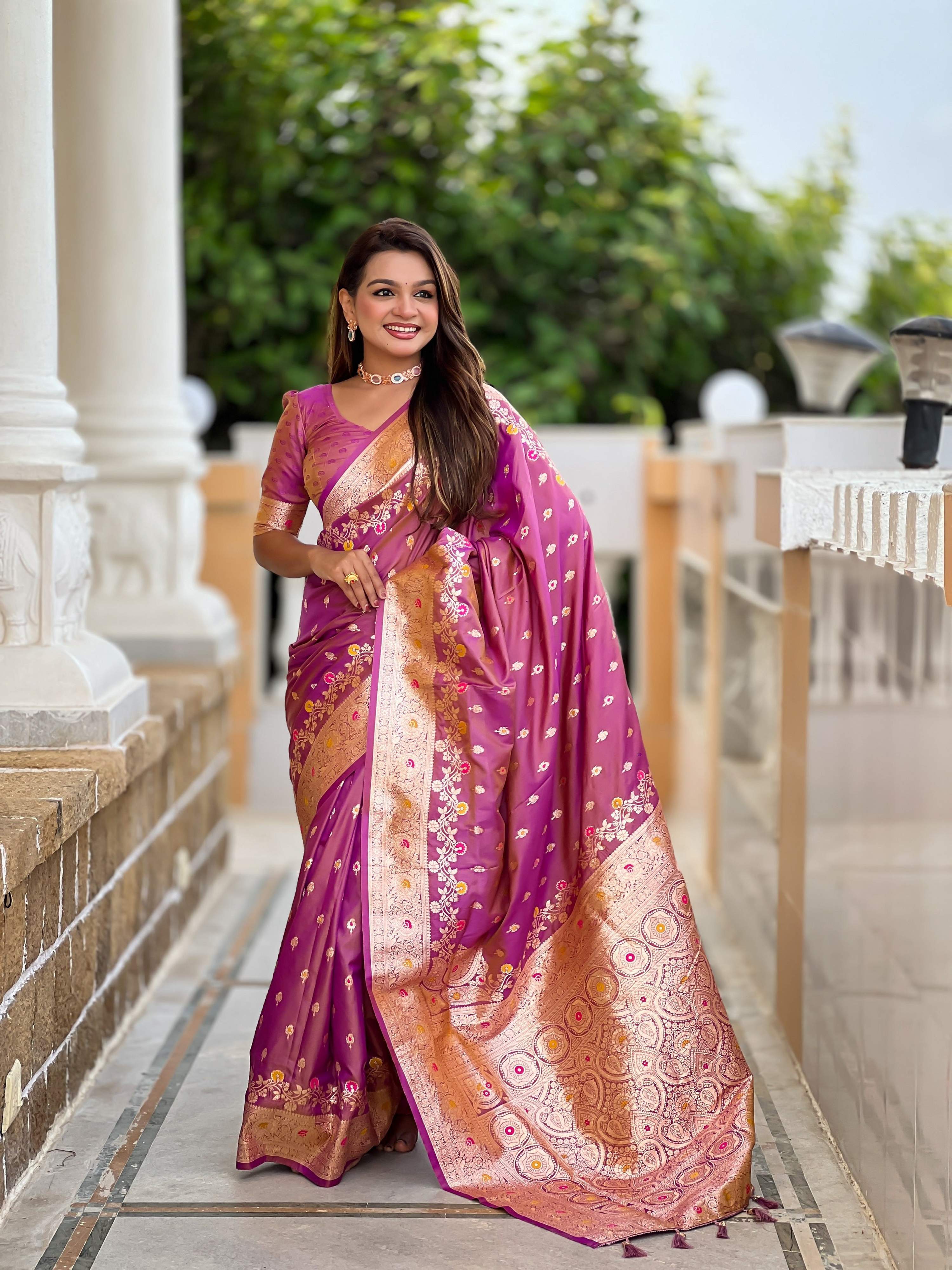 Vedant Vastram Soft Litchi Silk Banarasi Silk Jacquard Saree - Purple