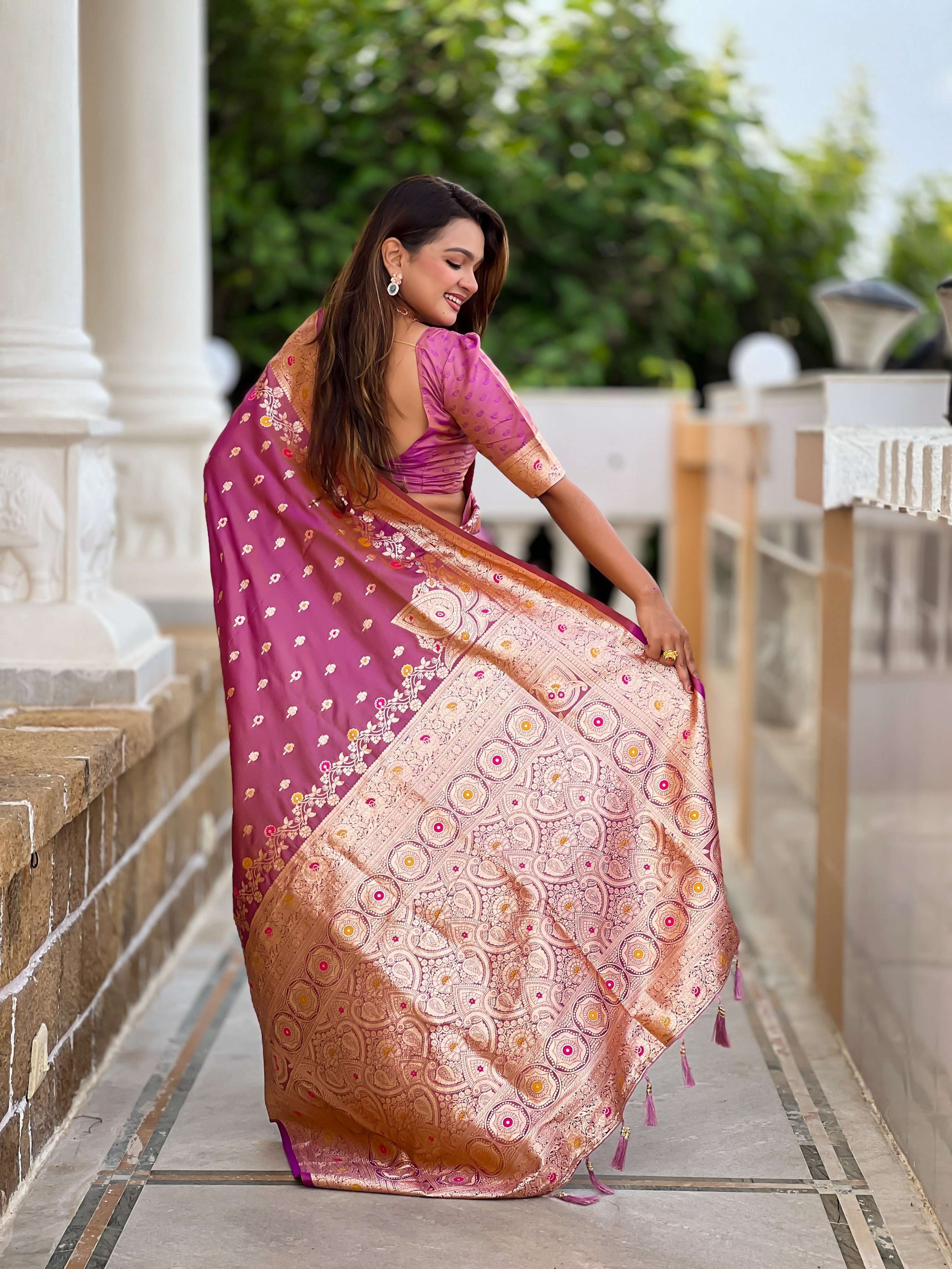 Vedant Vastram Soft Litchi Silk Banarasi Silk Jacquard Saree - Purple