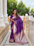 Vedant Vastram Soft Litchi Silk Banarasi Silk Jacquard Saree - Violet