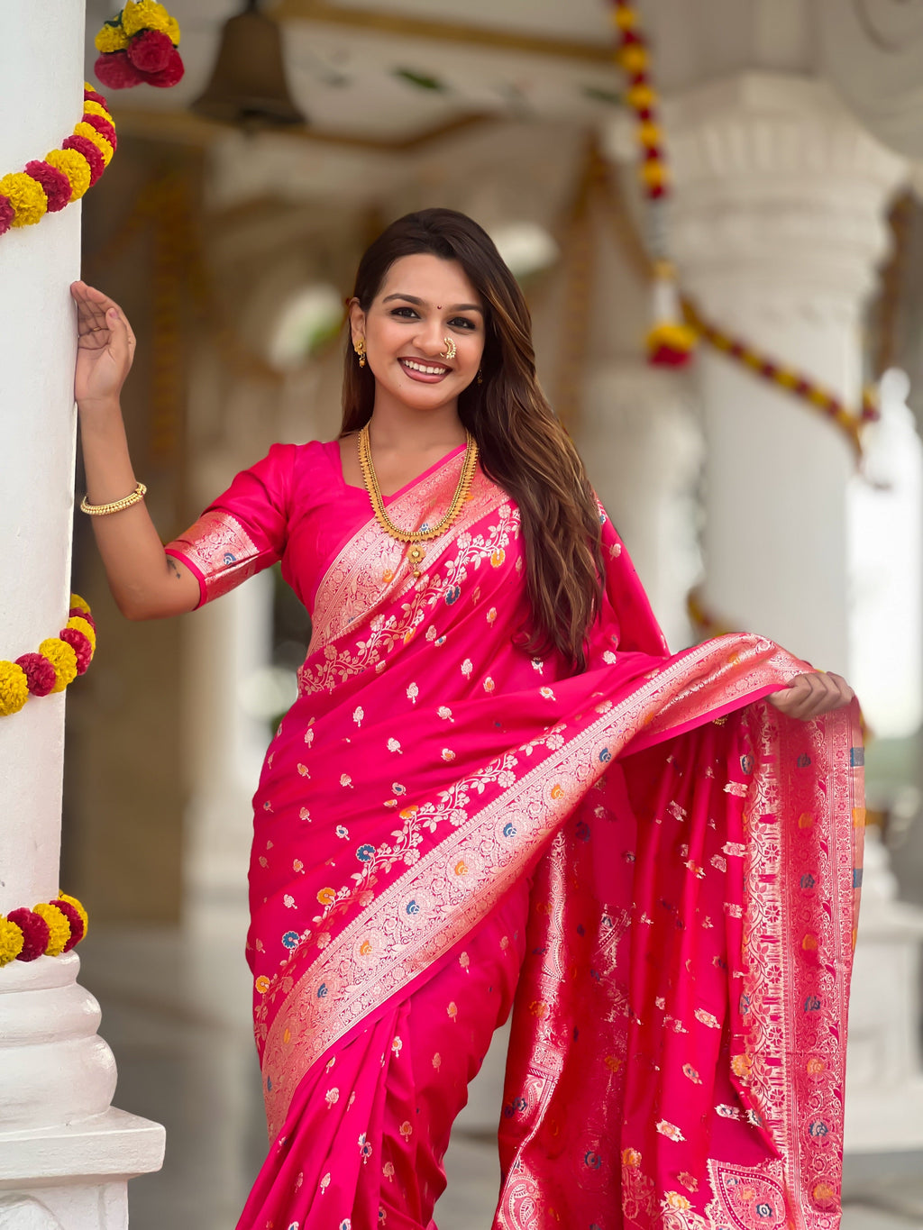 Vedant Vastram Soft Litchi Silk Banarasi Silk Jacquard Saree - Rani - Distacart