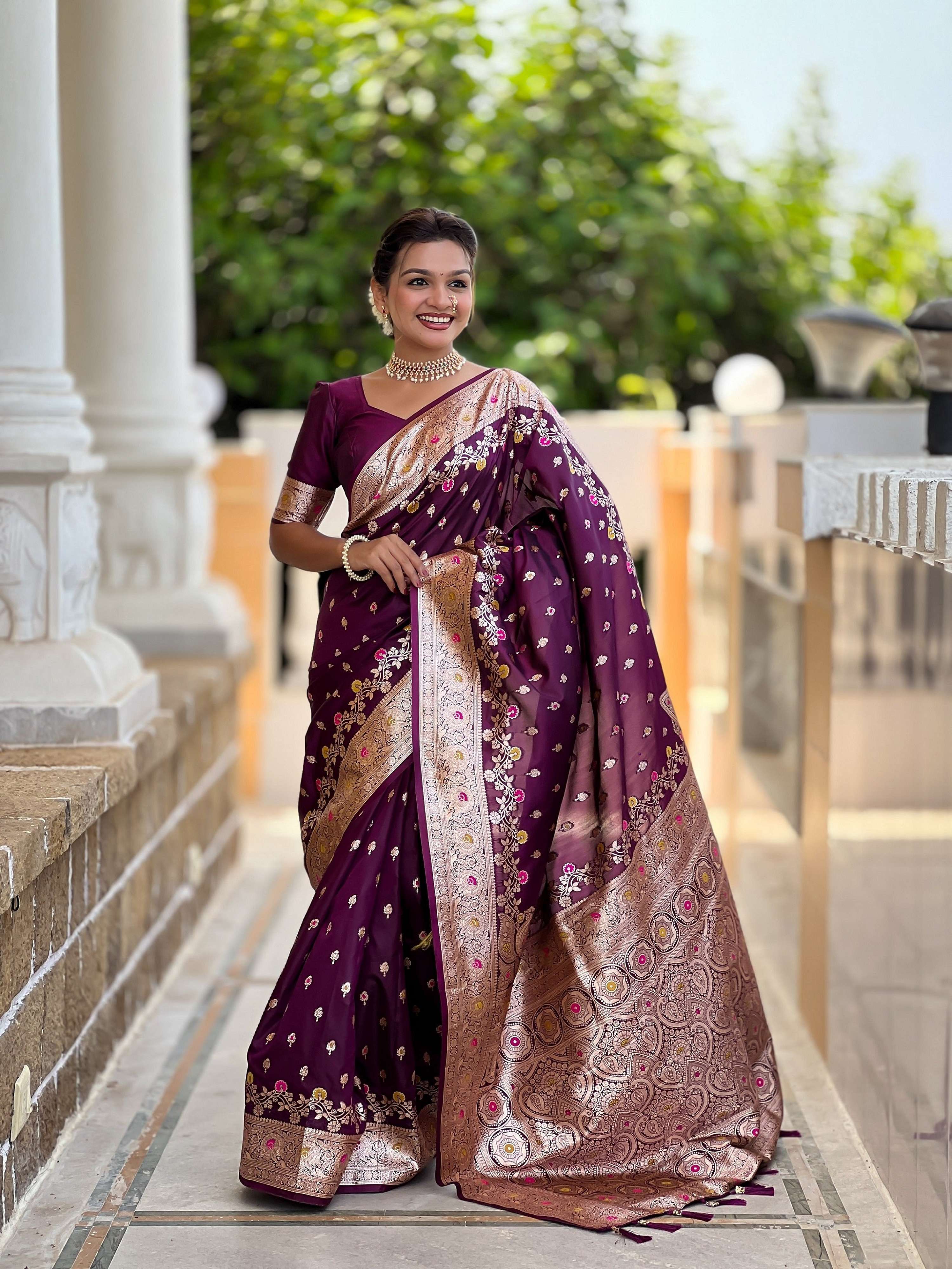 Vedant Vastram Soft Litchi Silk Banarasi Silk Jacquard Saree - Wine