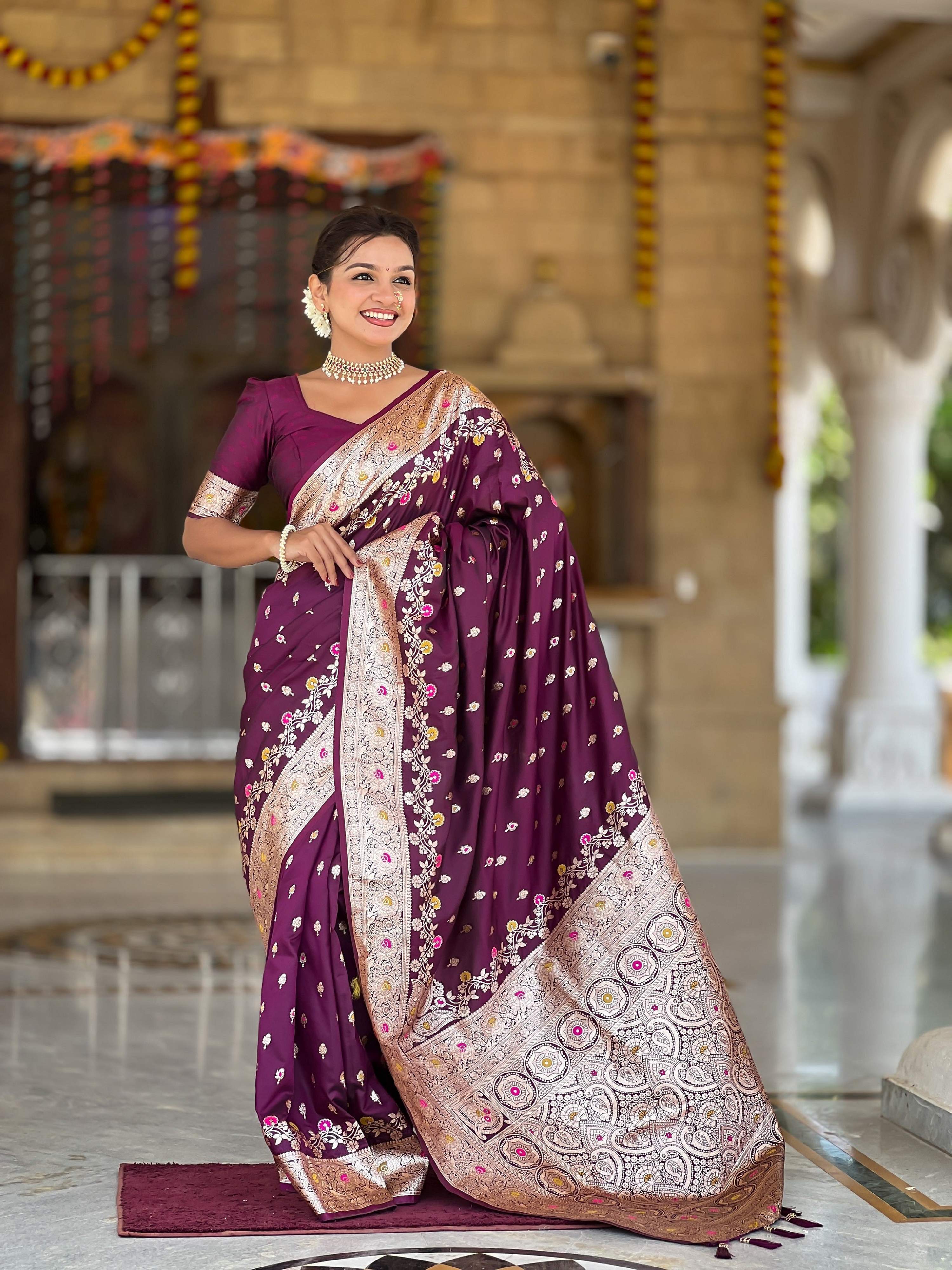 Vedant Vastram Soft Litchi Silk Banarasi Silk Jacquard Saree - Wine