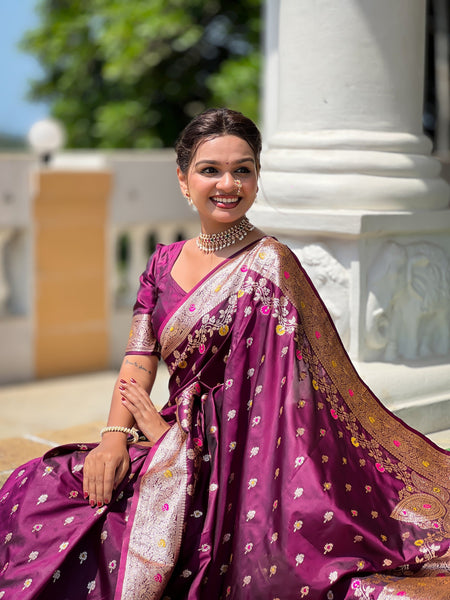 Vedant Vastram Soft Litchi Silk Banarasi Silk Jacquard Saree - Wine