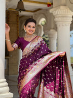 Vedant Vastram Soft Litchi Silk Banarasi Silk Jacquard Saree - Wine