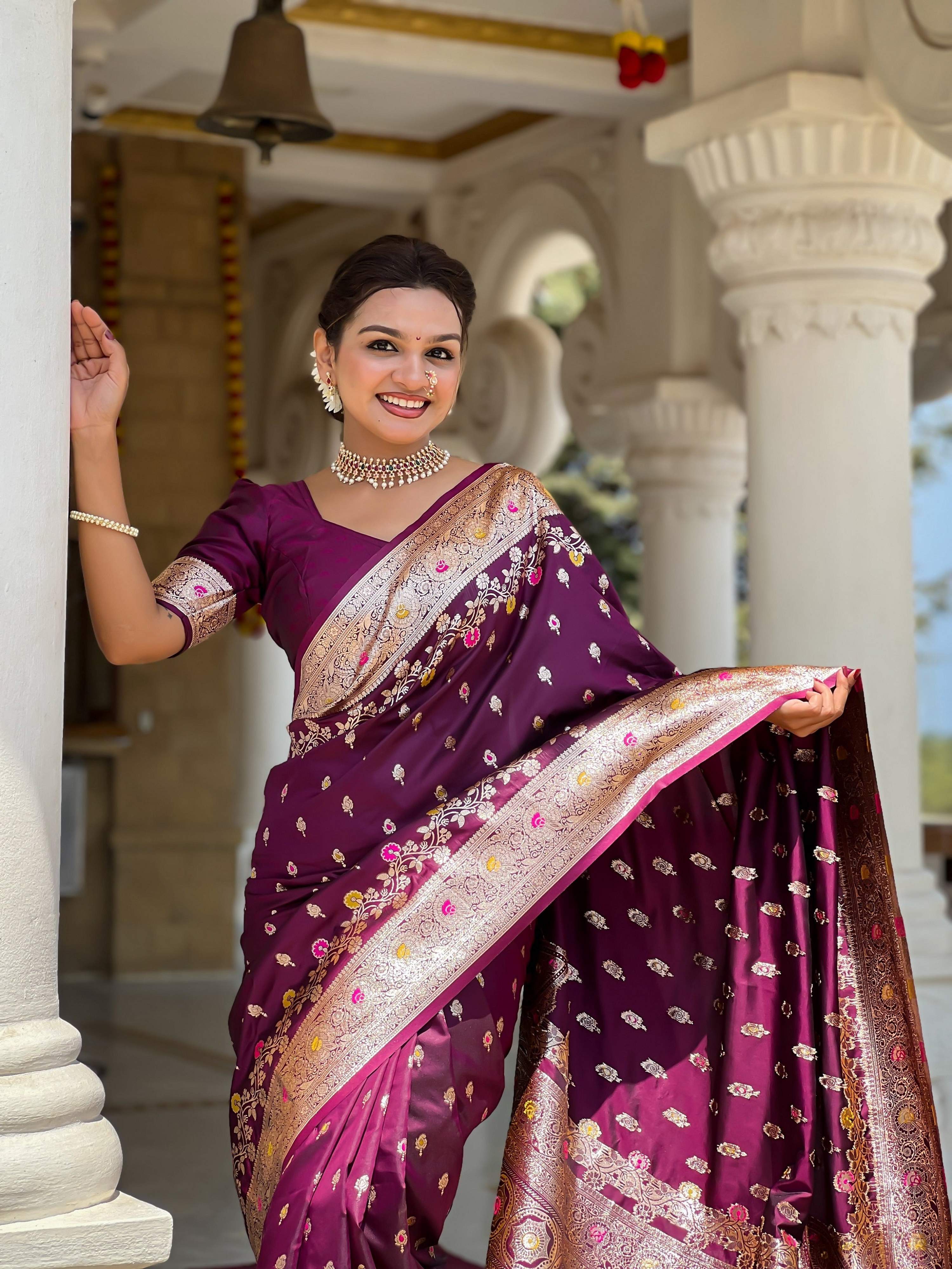 Vedant Vastram Soft Litchi Silk Banarasi Silk Jacquard Saree - Wine