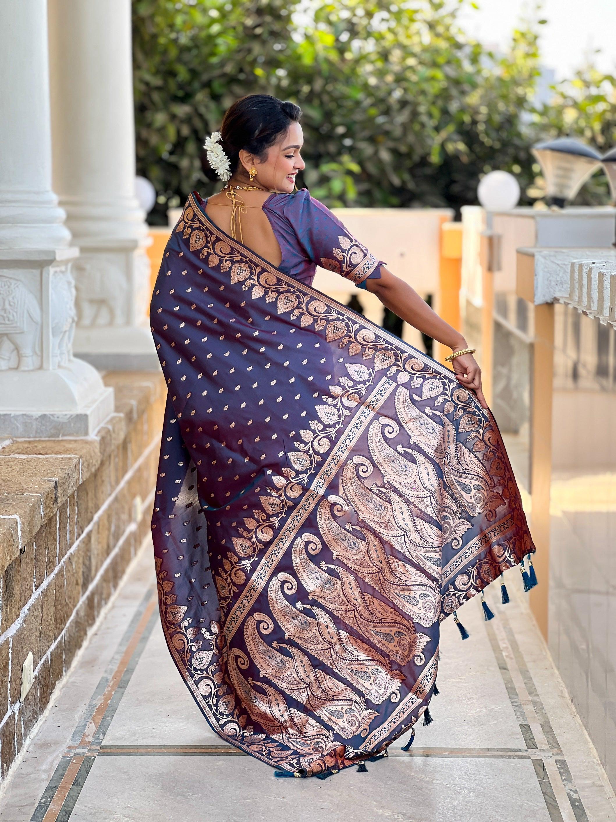 Vedant Vastram Soft Litchi Silk Banarasi Silk Jacquard Saree - Dark Blue