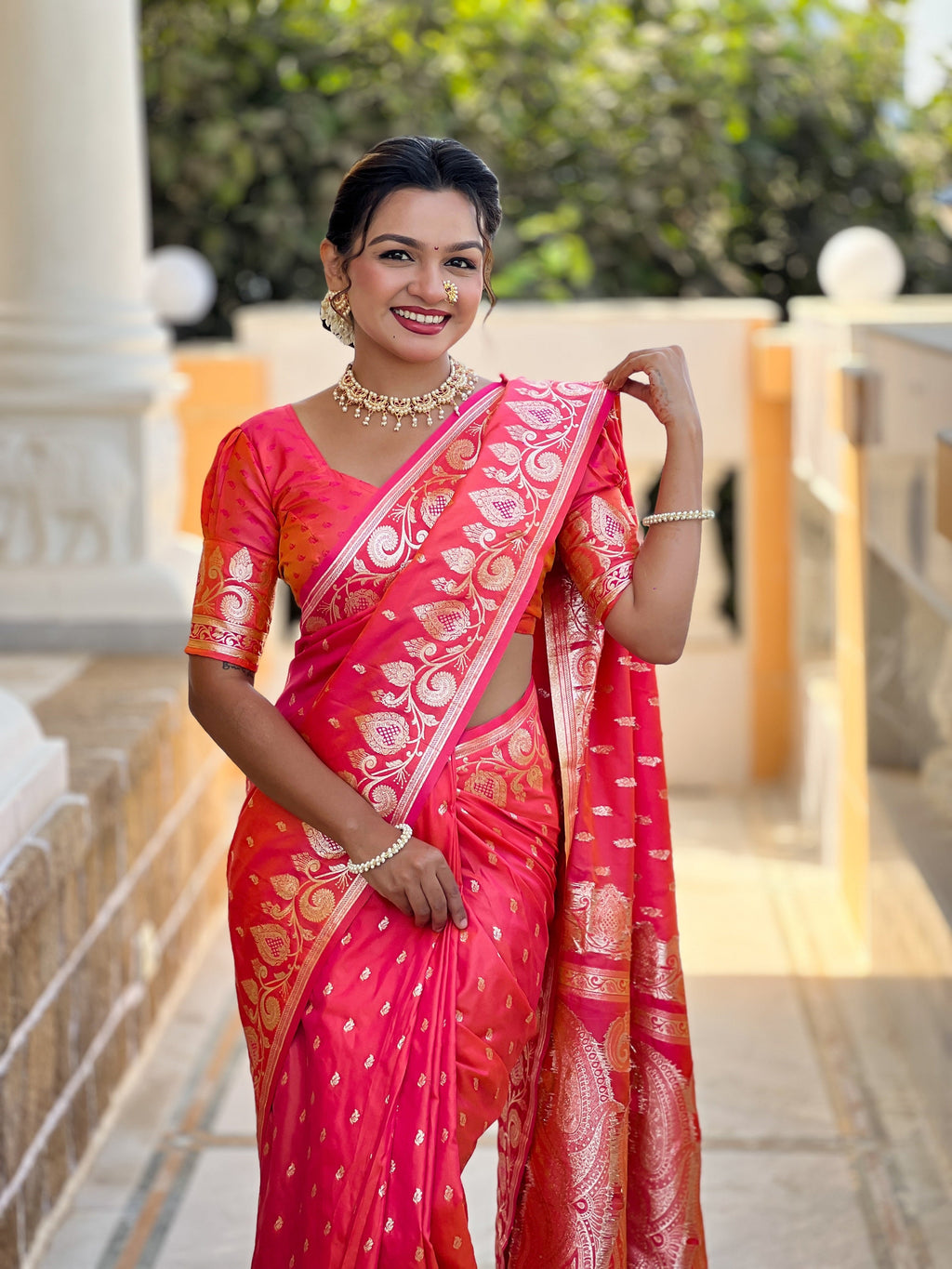 Vedant Vastram Soft Litchi Silk Banarasi Silk Jacquard Saree - Gajri