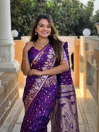 Vedant Vastram Soft Litchi Silk Banarasi Silk Jacquard Saree - Violet