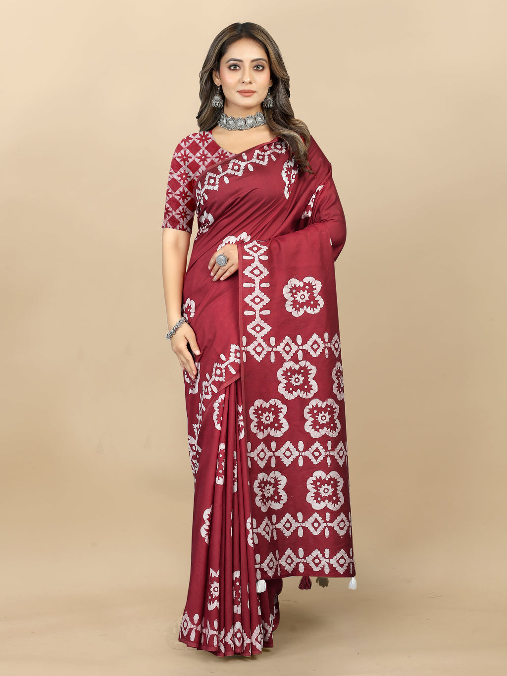 Vedant Vastram Designer Digital Print Batik Saree - Maroon