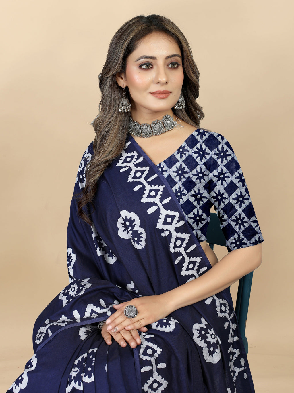 Vedant Vastram Designer Digital Print Batik Saree - Navy Blue