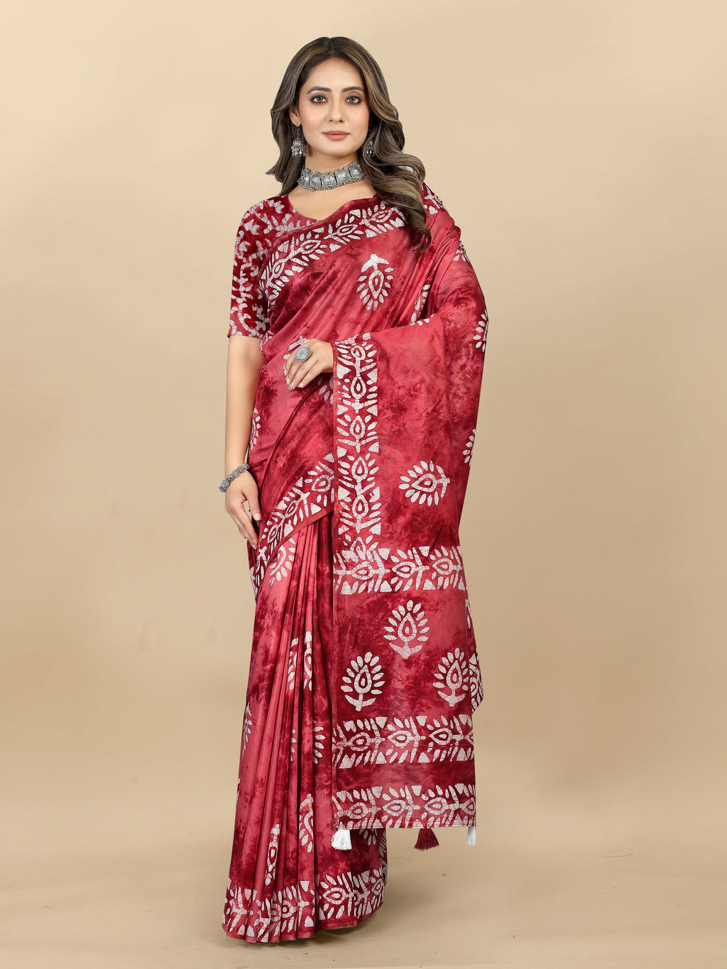 Vedant Vastram Designer Digital Print Batik Saree - Maroon
