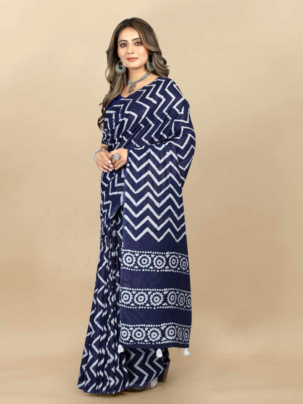 Vedant Vastram Designer Digital Print Batik Saree - Navy Blue