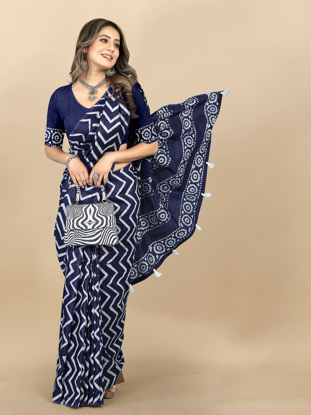 Vedant Vastram Designer Digital Print Batik Saree - Navy Blue