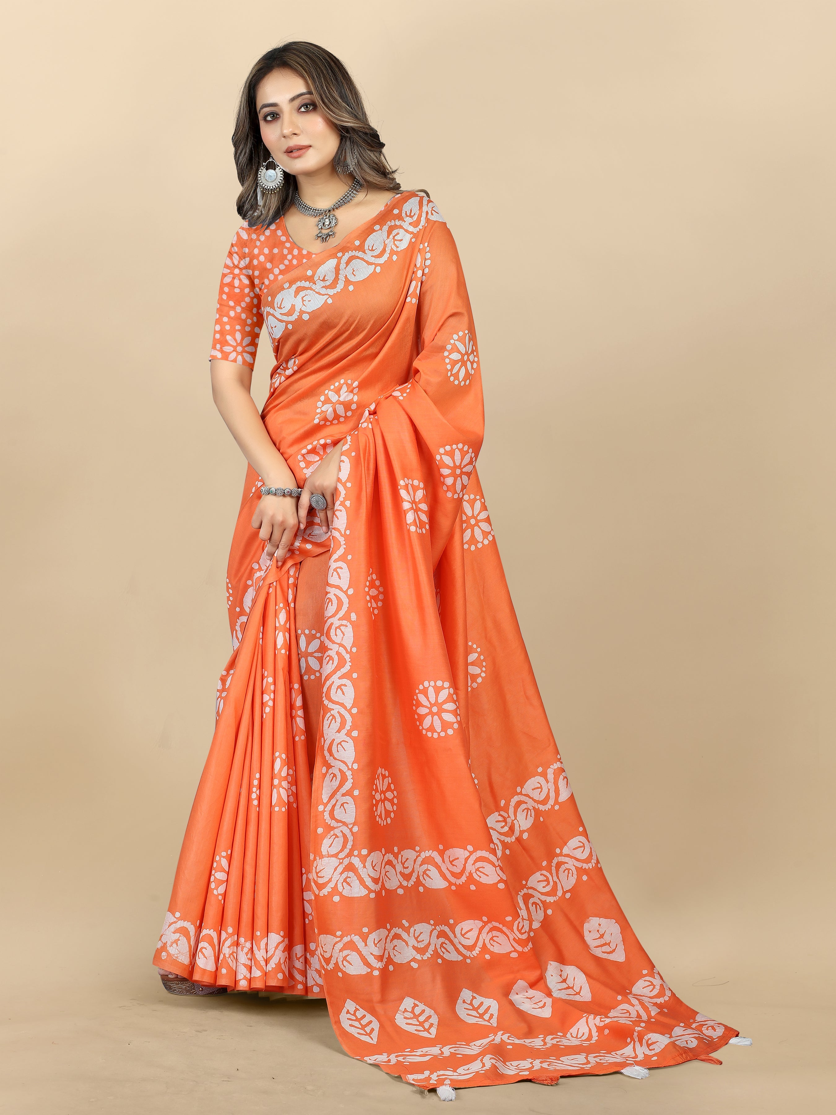 Vedant Vastram Designer Digital Print Batik Saree - Orange
