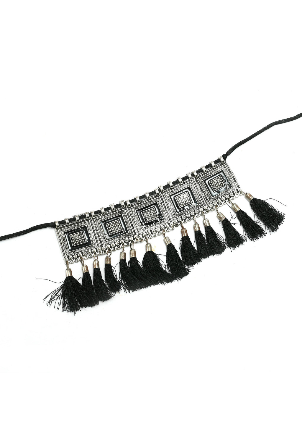 Mominos Fashion Johar Kamal Oxidised Silver-Plated Brass Finish Tassel Work Handicraft Choker For Women (Black) - Distacart