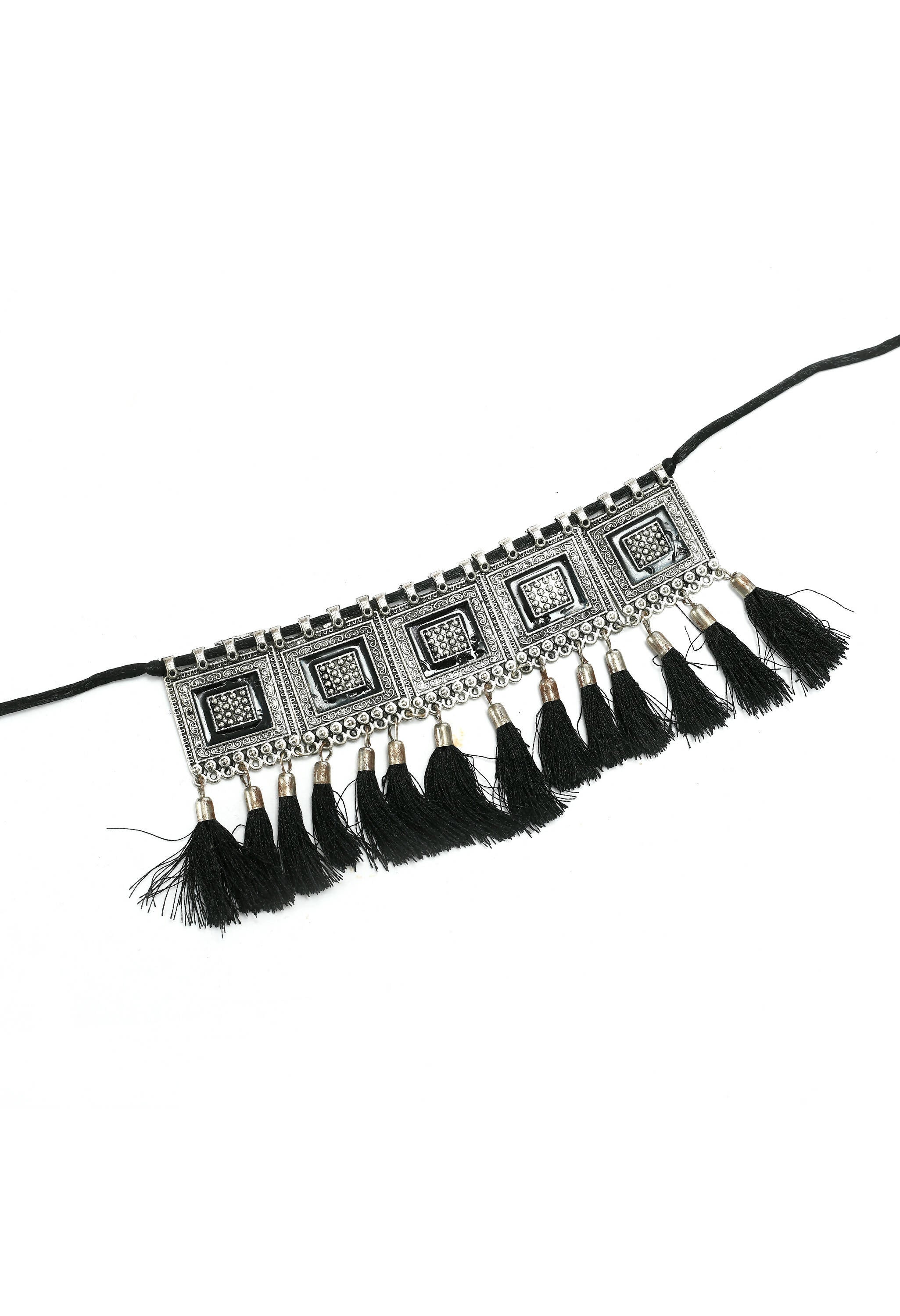 Mominos Fashion Johar Kamal Oxidised Silver-Plated Brass Finish Tassel Work Handicraft Choker For Women (Black) - Distacart