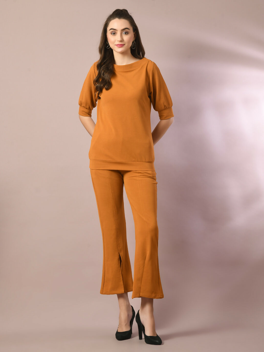 Myshka Women's Mustard Solid Boat Neck Party Top