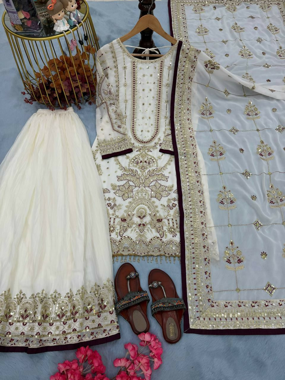 Teeya Creation White Faux georgette Designer heavy work Wedding Wear Palazzo pair - Distacart