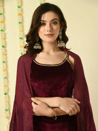 Myshka Women's Magenta Velvet Kurti & Sharara With Dupatta Party Sets