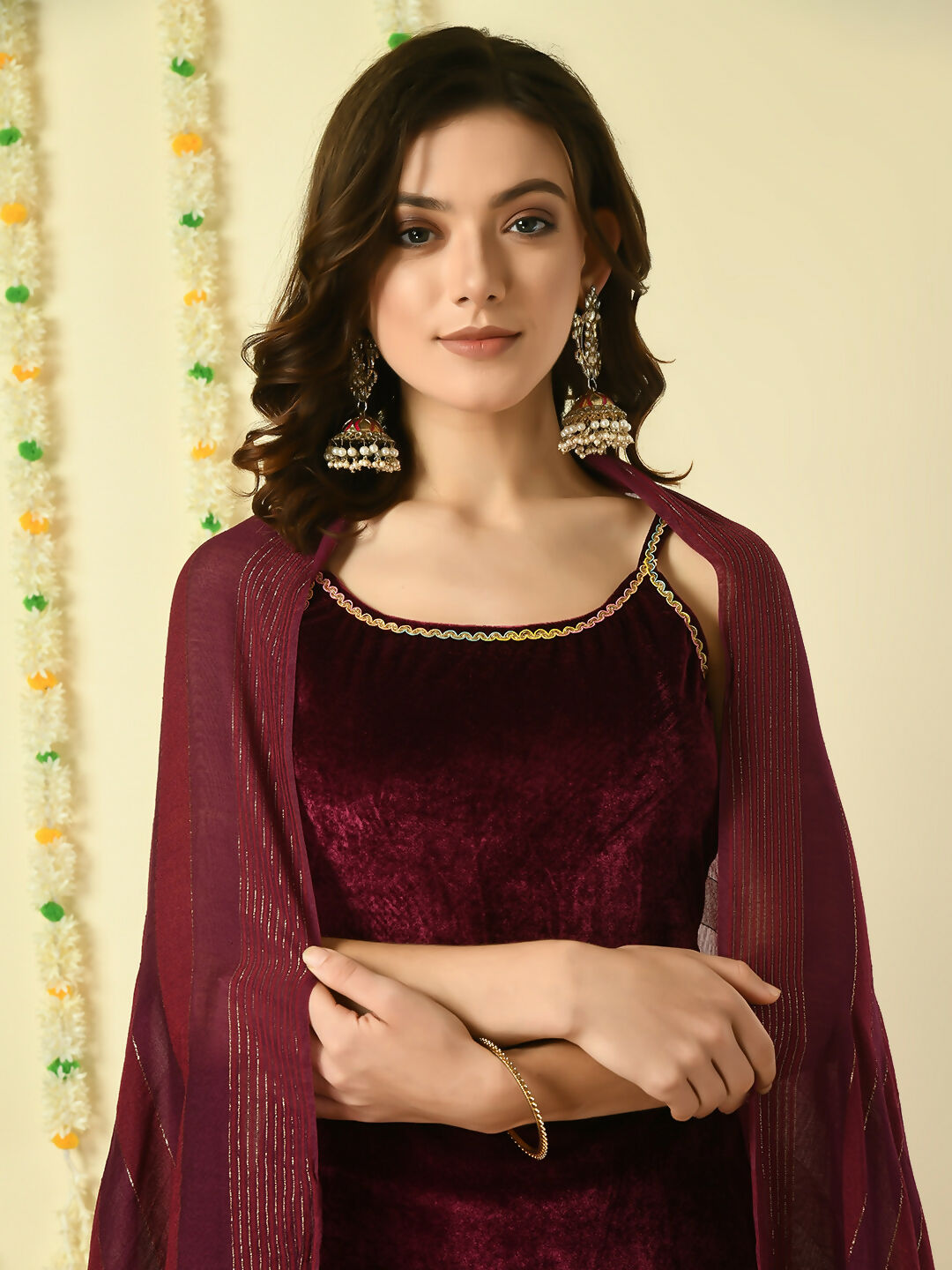 Myshka Women's Magenta Velvet Kurti & Sharara With Dupatta Party Sets