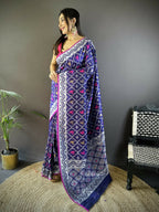 Joban Fashion Blue Jacquard Woven Pattern Lichi Soft Silk Banarasi Saree