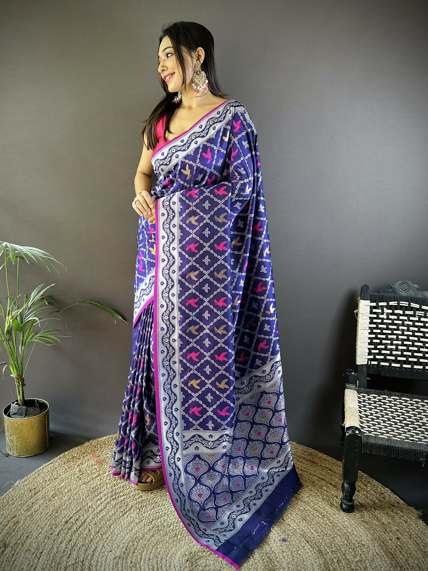 Joban Fashion Blue Jacquard Woven Pattern Lichi Soft Silk Banarasi Saree