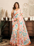 Joban Fashion White Color Block Linen Ready To Wear Saree With Unstitched Blouse - Distacart