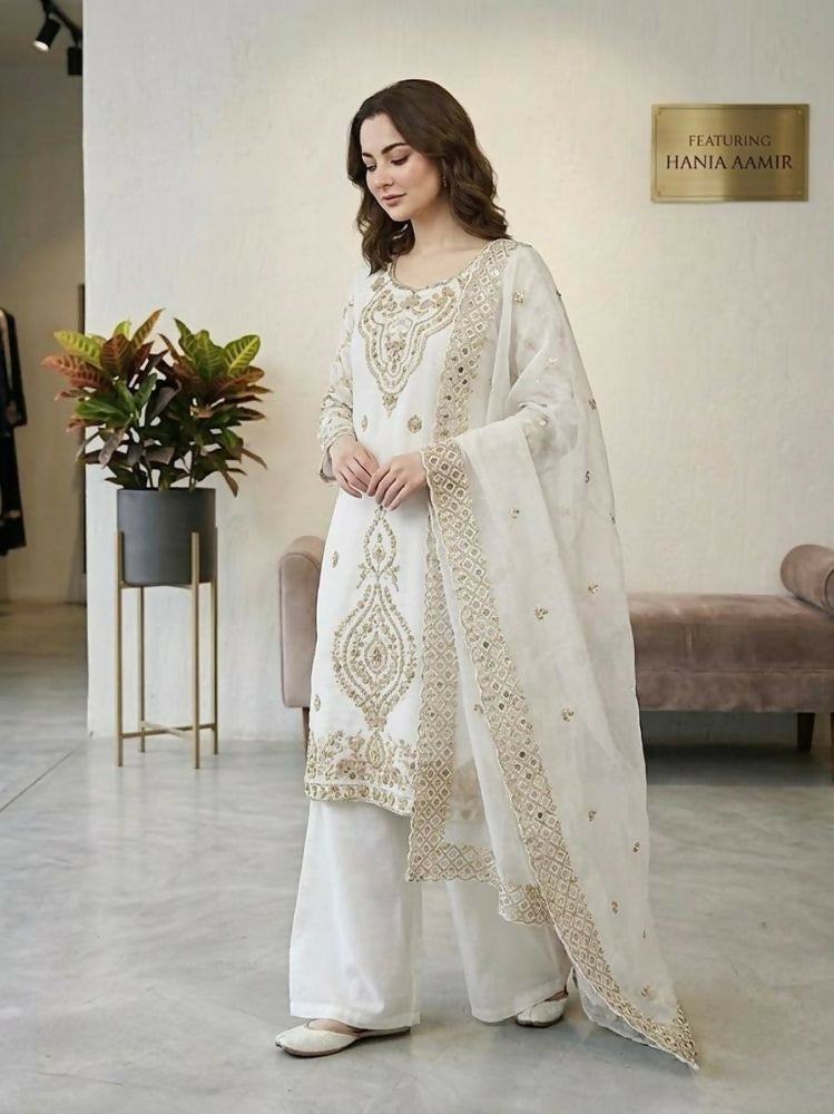 Teeya Creation White Color Gimmychu Silk Embroidery Work Wedding Wear Salwar Suit - Distacart