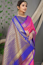 Jyoti Fashion Women's Pink Kanjivaram Silk Zari Woven Saree with Blouse