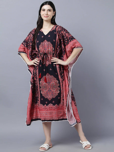 Myshka Peach-Coloured Purple Floral Kaftan Midi Dress