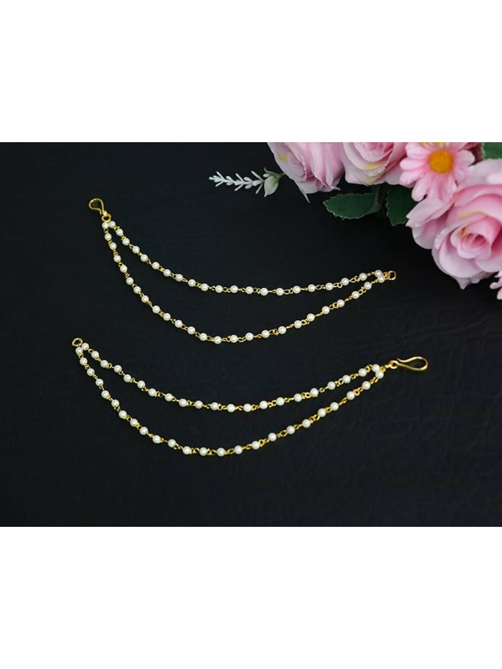 NVR Pearl Studded Classic Gold-Polished 2 Line Ear Chain Ear Cuff