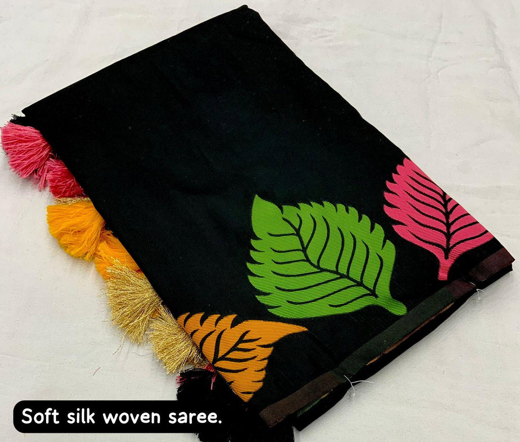 Black Pure Silk Woven Design Saree with Unstitched Blouse - A2M - Distacart