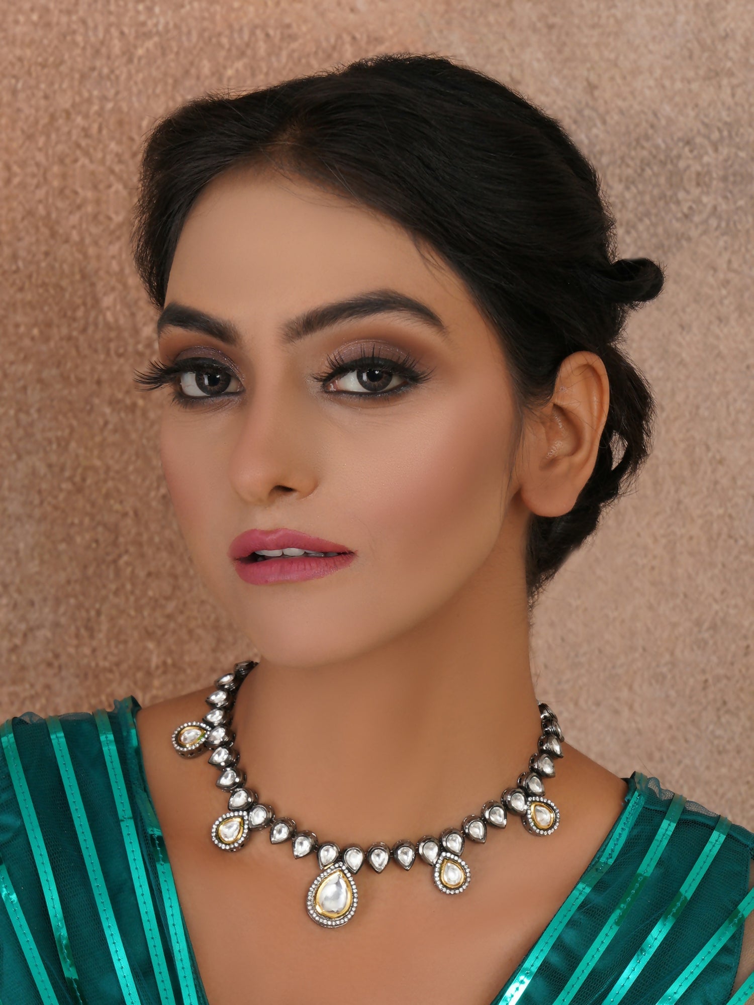 Dual Tone Kundan Neckpiece (silver) - Ruby Raang