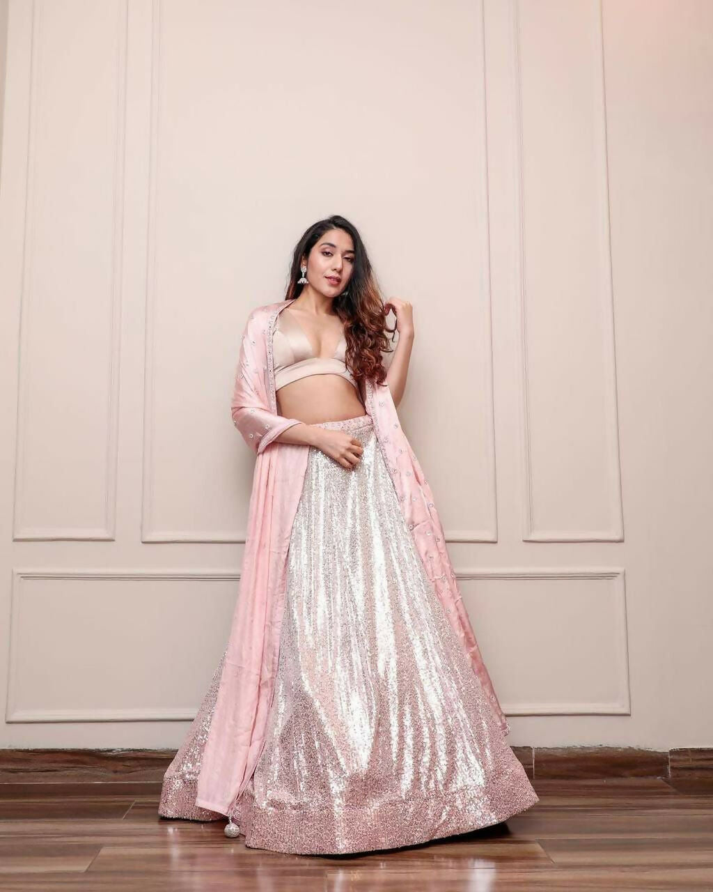 Jyoti Fashion Women's Peach Satin Silk Sequins Designer Lehenga Choli Set