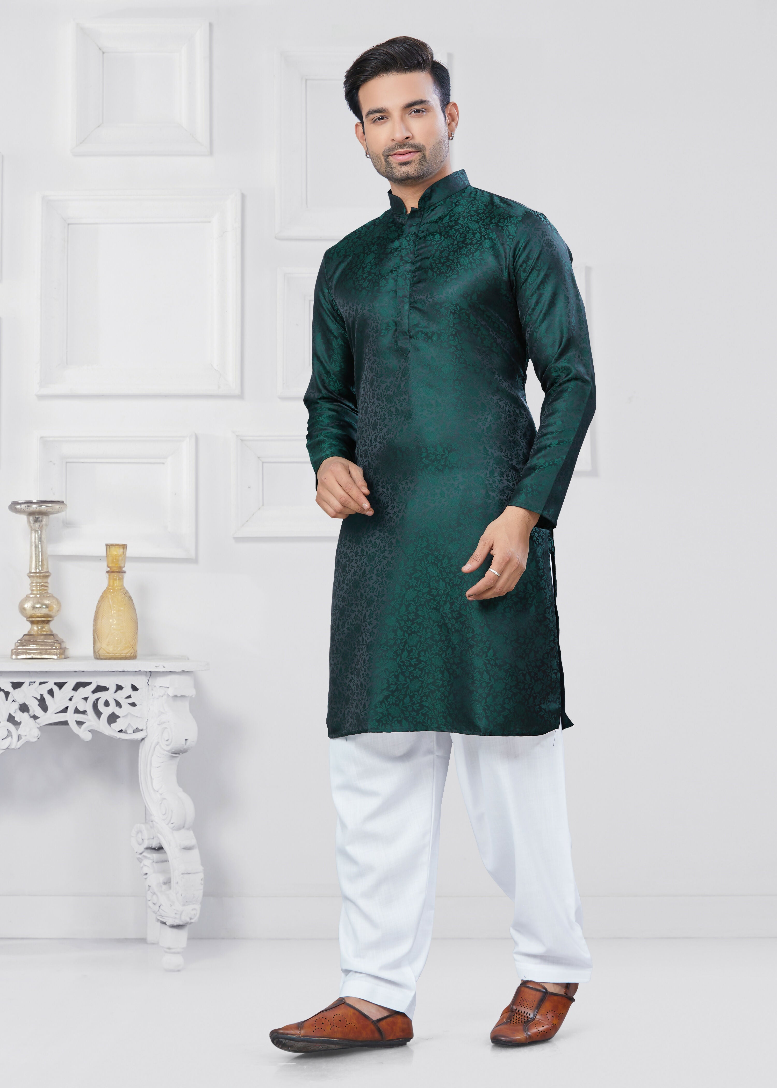 Joban Fashion Men's Jacquard Silk Green Printed Kurta Pyjama set