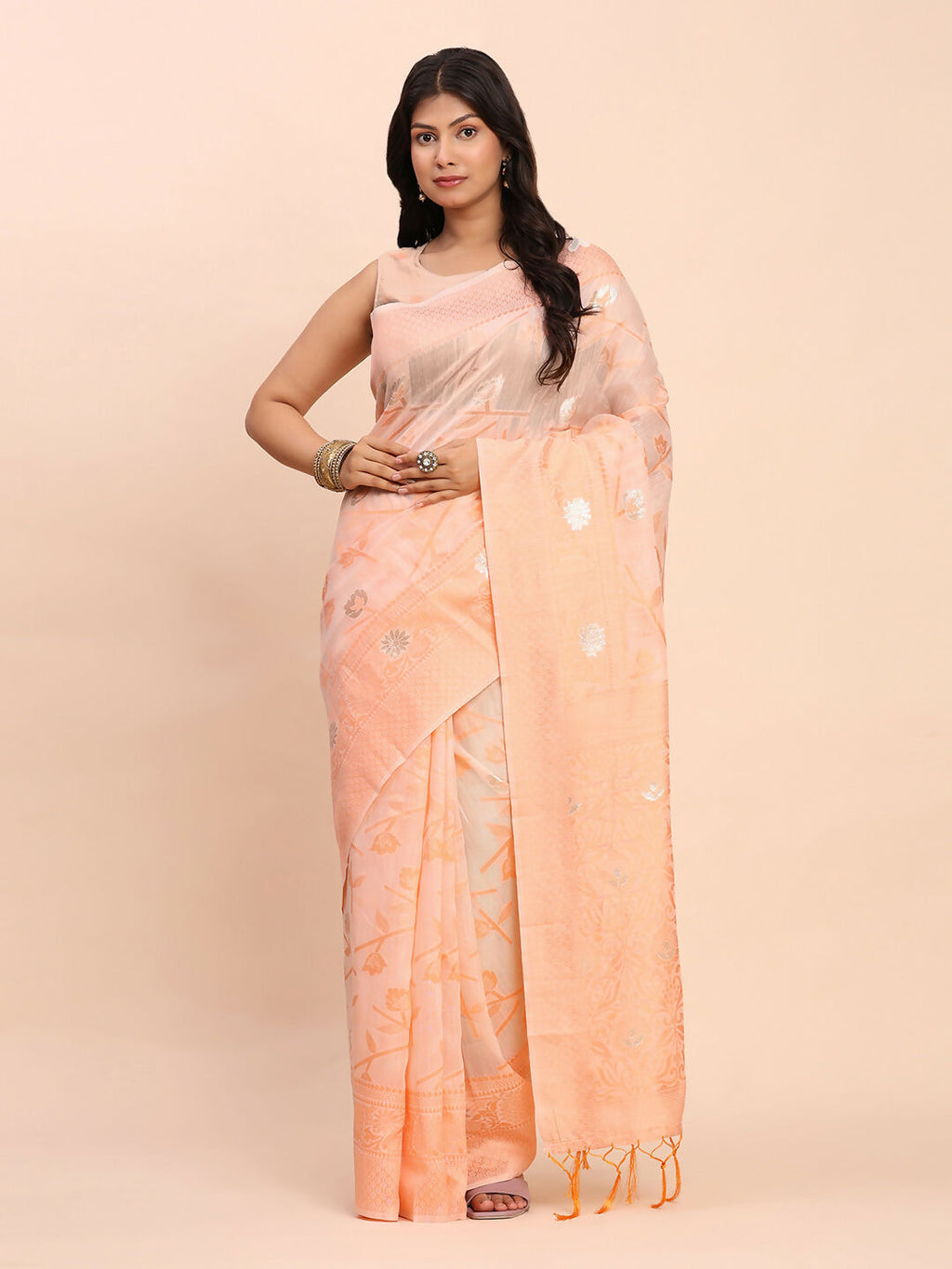 Shree Shyam Fashion Linen Cotton Peach Saree - Distacart