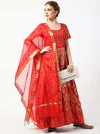 Cheera Women's Red Chanderi Silk & Rayon Hand Block Print Long Dress With Silk Dupatta Set