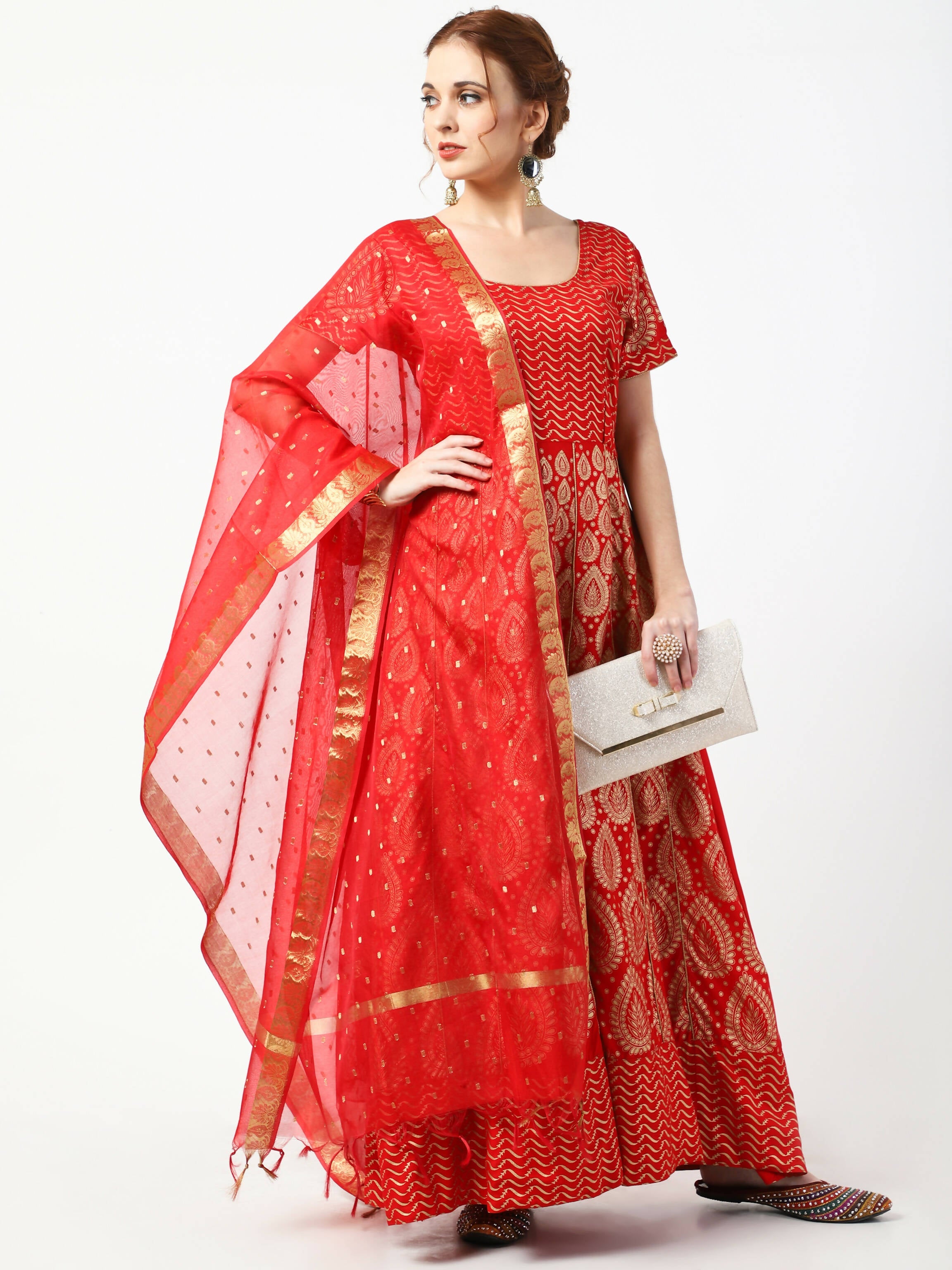 Cheera Women's Red Chanderi Silk & Rayon Hand Block Print Long Dress With Silk Dupatta Set