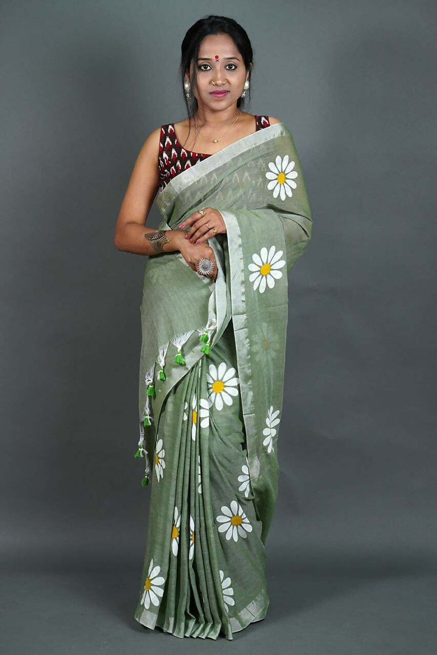 Exclusive Collection Light Pista Pure Cotton Saree With Sunflower Design - Distacart