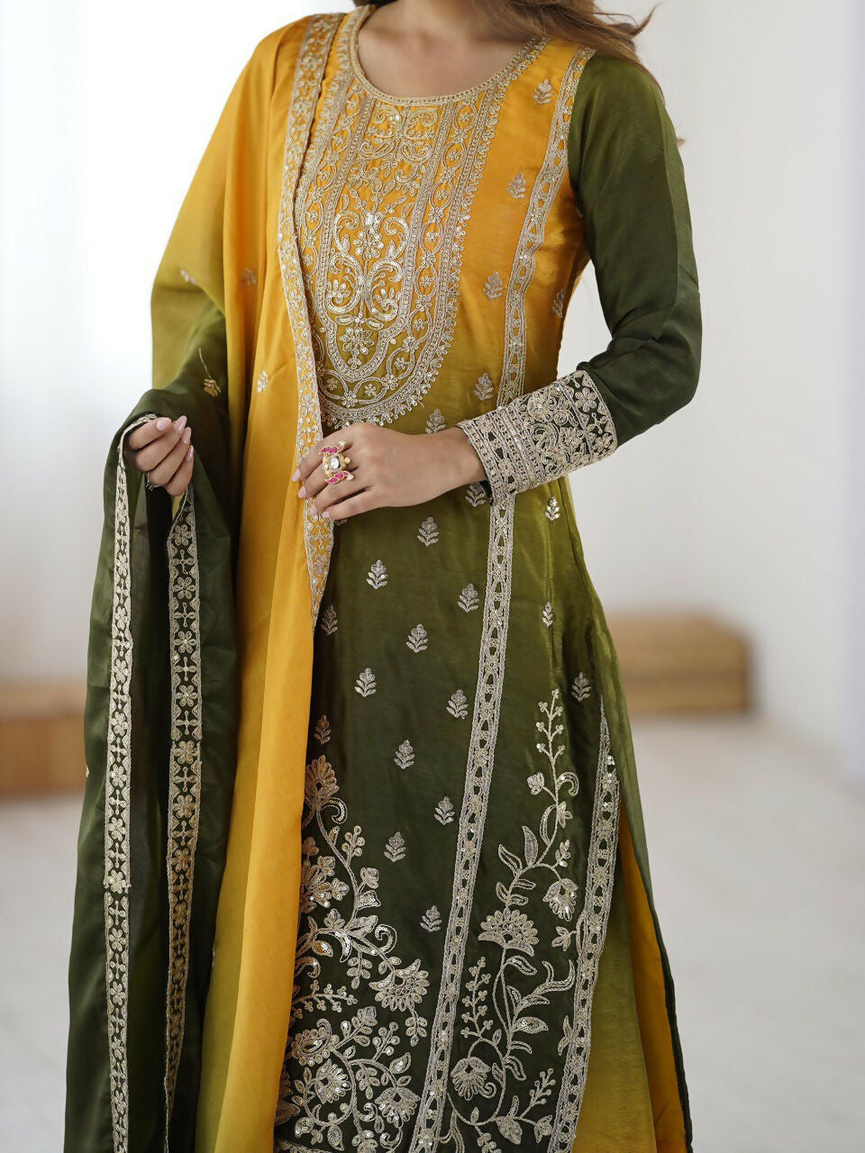 The52 Women's Gorgeous Chinon silk Fabric Embroidery Work Straight Kurta Palazzo and Dupatta Set - Distacart